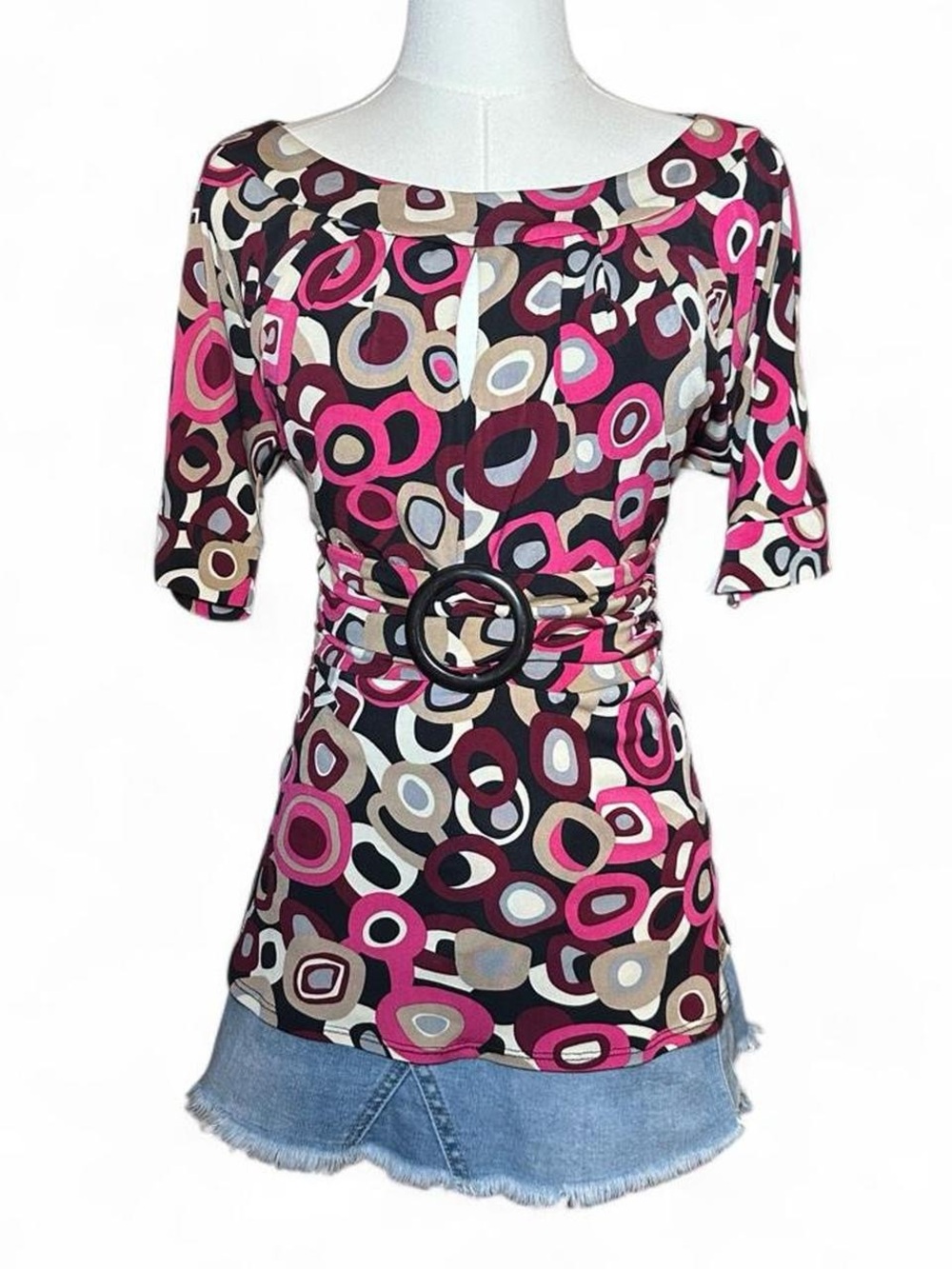 Y2K Danny & Nicole Pink Black Abstract Print Belted Blouse Preppy Coquette Retro